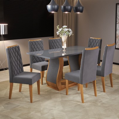 Mesa de Jantar 6 Lugares Brusque com Vidro Mel/Grafite/Veludo Grafite - Viero Móveis