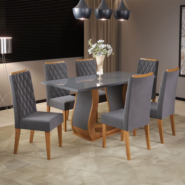 Mesa de Jantar 6 Lugares Brusque com Vidro Mel/Grafite/Veludo Grafite - Viero Móveis