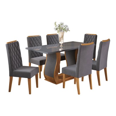 Mesa de Jantar 6 Lugares Brusque com Vidro Mel/Grafite/Veludo Grafite - Viero Móveis