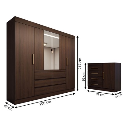 Guarda-Roupa Casal Honey 4 Portas 6 Gavetas e Cômoda 1 Porta 4 Gavetas Espelho ébano - Panorama Móveis