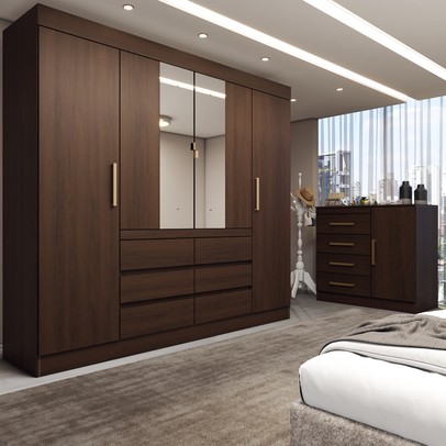 Guarda-Roupa Casal Honey 4 Portas 6 Gavetas e Cômoda 1 Porta 4 Gavetas Espelho ébano - Panorama Móveis