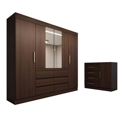 Quarto Completo Casal Honey 5 Portas 10 Gavetas com Espelho ébano - Panorama Móveis