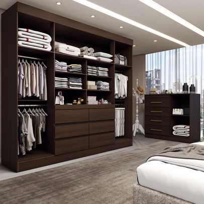 Quarto Completo Casal Honey 5 Portas 10 Gavetas com Espelho ébano - Panorama Móveis