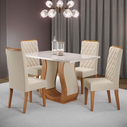 Mesa de Jantar 4 Lugares Capitani com Vidro Mel/Off White/Veludo Pastel - Viero Móveis