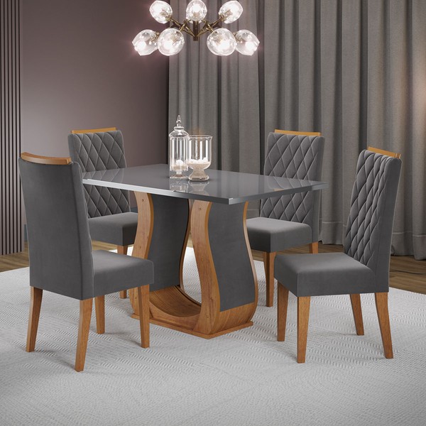 Mesa de Jantar 4 Lugares Capitani com Vidro Mel/Grafite/Veludo Grafite - Viero Móveis