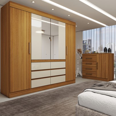 Quarto Completo Casal Honey 5 Portas 10 Gavetas com Espelho Cinamomo/Off White - Panorama Móveis
