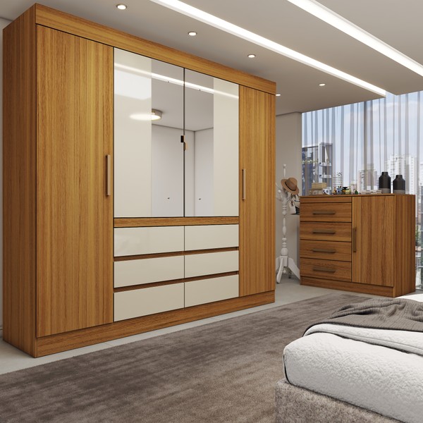 Quarto Completo Casal Honey 5 Portas 10 Gavetas com Espelho Cinamomo/Off White - Panorama Móveis