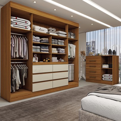 Quarto Completo Casal Honey 5 Portas 10 Gavetas com Espelho Cinamomo/Off White - Panorama Móveis