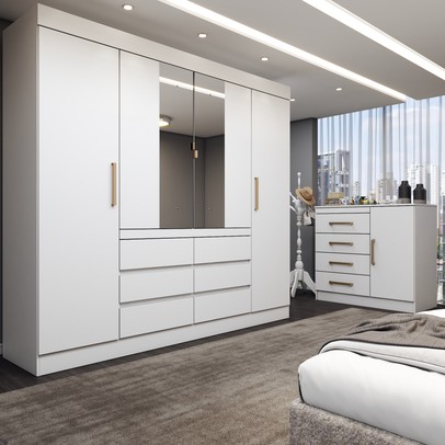 Guarda-Roupa Casal Honey 4 Portas 6 Gavetas e Cômoda 1 Porta 4 Gavetas Espelho Branco - Panorama Móveis