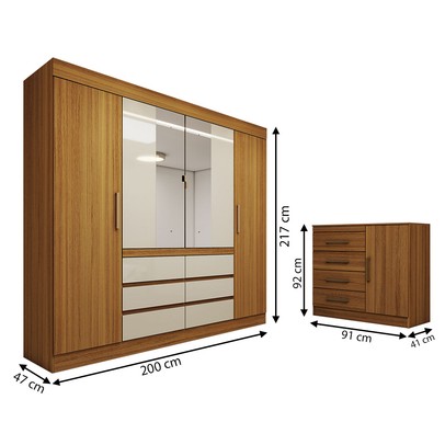 Guarda-Roupa Casal Honey 4 Portas 6 Gavetas e Cômoda 1 Porta 4 Gavetas Espelho Cinamomo/Off White - Panorama Móveis