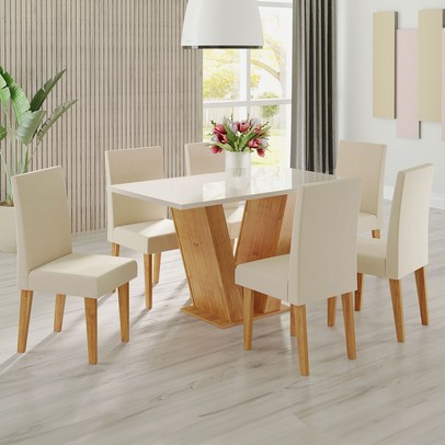Mesa de Jantar 6 Lugares Franca com Vidro Mel/Off White/Veludo Pastel - Viero Móveis