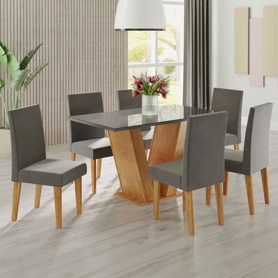 Mesa de Jantar 6 Lugares Franca com Vidro Mel/Grafite/Veludo Grafite - Viero Móveis