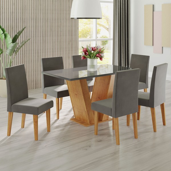 Mesa de Jantar 6 Lugares Franca com Vidro Mel/Grafite/Veludo Grafite - Viero Móveis