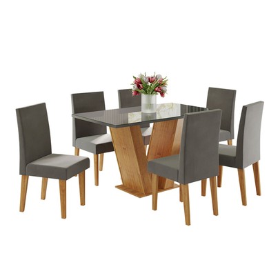 Mesa de Jantar 6 Lugares Franca com Vidro Mel/Grafite/Veludo Grafite - Viero Móveis