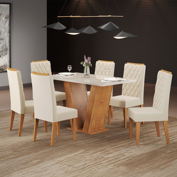 Mesa de Jantar 6 Lugares Constantine com Vidro Mel/Off White/Veludo Pastel - Viero Móveis