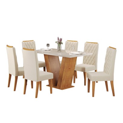 Mesa de Jantar 6 Lugares Constantine com Vidro Mel/Off White/Veludo Pastel - Viero Móveis