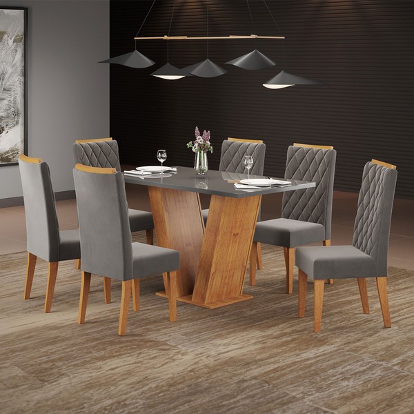 Mesa de Jantar 6 Lugares Constantine com Vidro Mel/Grafite/Veludo Grafite - Viero Móveis
