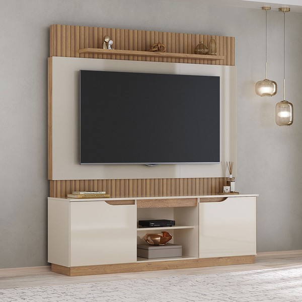 Estante para TV Até 70 Polegadas Torino 2 Portas Ripado Flex Natura Off White/Canelato - Atualle Móveis