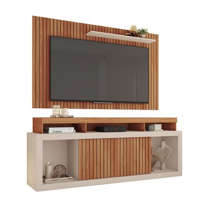 Rack com Painel para TV Até 65 Polegadas New Oscar 2 Portas Ripado Freijo/Off White - Caemmun