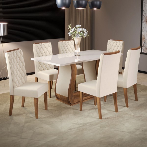 Mesa de Jantar 6 Lugares Los Angeles com Vidro Imbuia/Off White/Veludo Pastel - Panorama Móveis