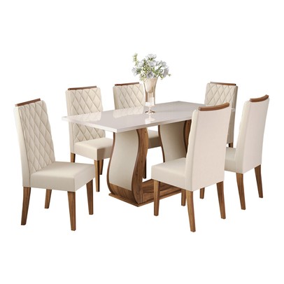 Mesa de Jantar 6 Lugares Los Angeles com Vidro Imbuia/Off White/Veludo Pastel - Panorama Móveis