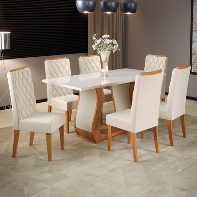 Mesa de Jantar 6 Lugares Los Angeles com Vidro Mel/Off White/Veludo Pastel - Panorama Móveis