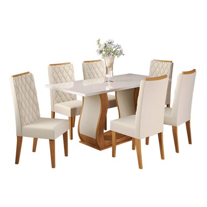 Mesa de Jantar 6 Lugares Los Angeles com Vidro Mel/Off White/Veludo Pastel - Panorama Móveis