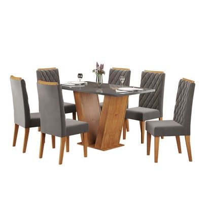 Mesa de Jantar 6 Lugares Califórnia com Vidro Mel/Grafite/Veludo Grafite - Panorama Móveis