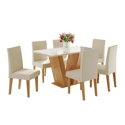 Mesa de Jantar 6 Lugares Las Vegas com Vidro Mel/Off White/Veludo Pastel - Panorama Móveis