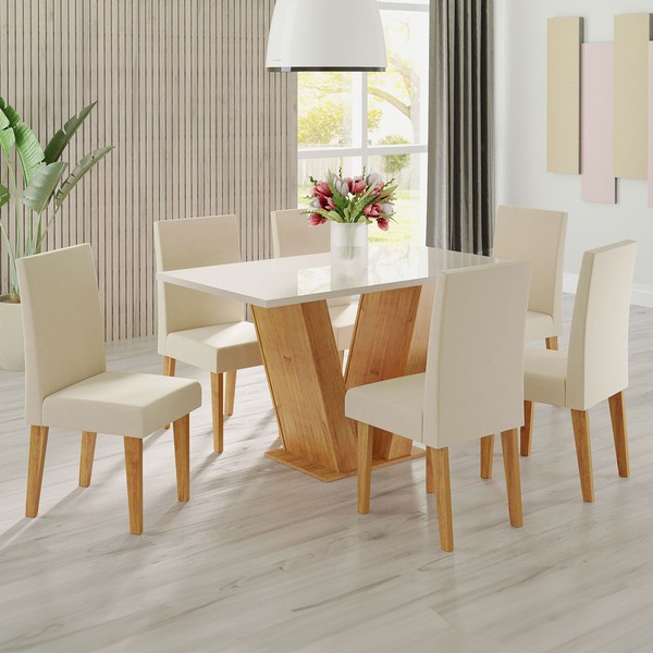 Mesa de Jantar 6 Lugares Las Vegas com Vidro Mel/Off White/Veludo Pastel - Panorama Móveis