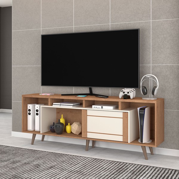 Rack para TV Até 75 Polegadas Roma 1 Porta 1 Prateleira Canelato Rust Natura Off White - Atualle Móveis