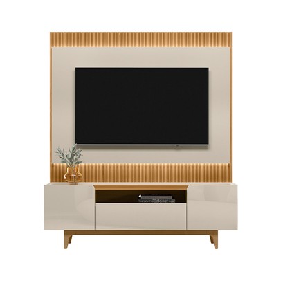 Rack com Painel para TV Até 70 Polegadas Orlando 3 Portas Ripado com Led Tauari/Off White Brilho - Linea Brasil