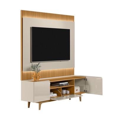 Rack com Painel para TV Até 70 Polegadas Orlando 3 Portas Ripado com Led Tauari/Off White Brilho - Linea Brasil