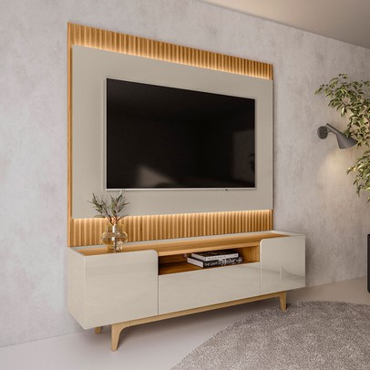 Rack com Painel para TV Até 70 Polegadas Orlando 3 Portas Ripado com Led Tauari/Off White Brilho - Linea Brasil