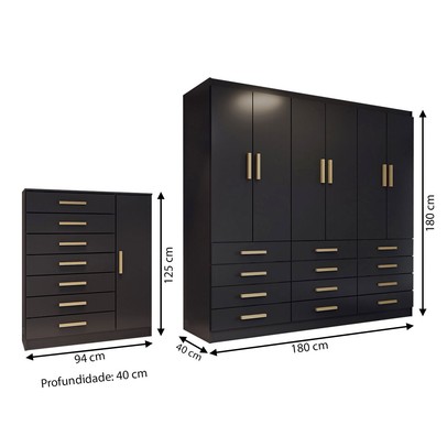 Quarto Completo Casal Catedral 7 Portas 19 Gavetas Preto - Panorama Móveis
