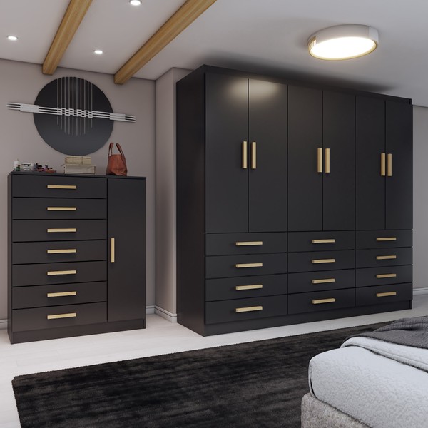 Quarto Completo Casal Catedral 7 Portas 19 Gavetas Preto - Panorama Móveis
