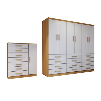 Quarto Completo Casal Catedral 7 Portas 19 Gavetas Cinamomo/Branco - Panorama Móveis