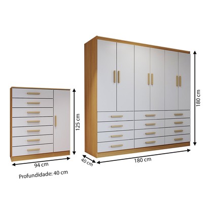 Quarto Completo Casal Catedral 7 Portas 19 Gavetas Cinamomo/Branco - Panorama Móveis