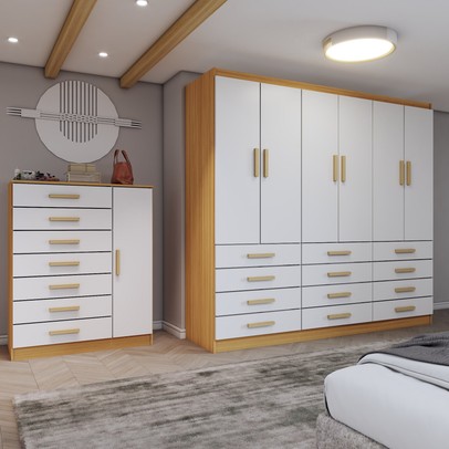 Quarto Completo Casal Catedral 7 Portas 19 Gavetas Cinamomo/Branco - Panorama Móveis