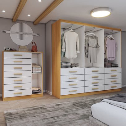 Quarto Completo Casal Catedral 7 Portas 19 Gavetas Cinamomo/Branco - Panorama Móveis