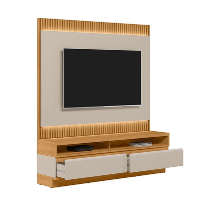 Rack com Painel para TV Até 70 Polegadas São Paulo 2 Gavetas Ripado com Led Tauari/Off White Fosco - Linea Brasil