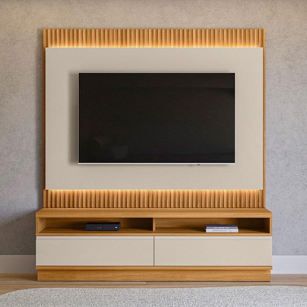 Rack com Painel para TV Até 70 Polegadas São Paulo 2 Gavetas Ripado com Led Tauari/Off White Fosco - Linea Brasil