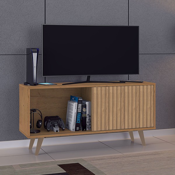 Rack para TV Até 55 Polegadas Malaga 1 Porta Canelato Rustico/Natura/Off White - Atualle Móveis