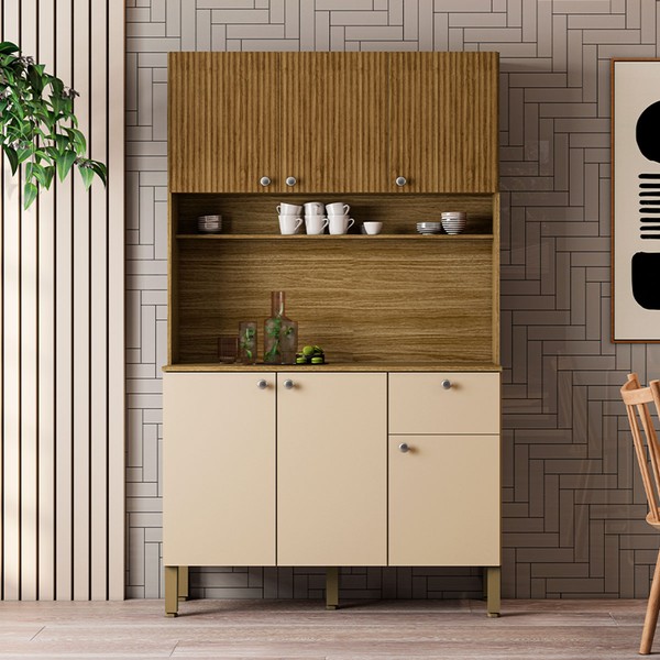 Armário de Cozinha Style 6 Portas 1 Gaveta Ripado 3d Freijó/Vanilla - Kits Paraná