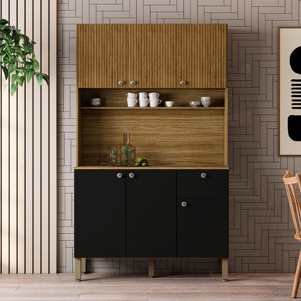 Armário de Cozinha Style 6 Portas 1 Gaveta Ripado 3d Freijó/Nero - Kits Paraná