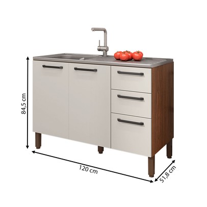 Balcão de Cozinha para Pia 120 Cm Mad Versalhes 3 Portas 2 Gavetas Nogueira/Off White - Kits Paraná