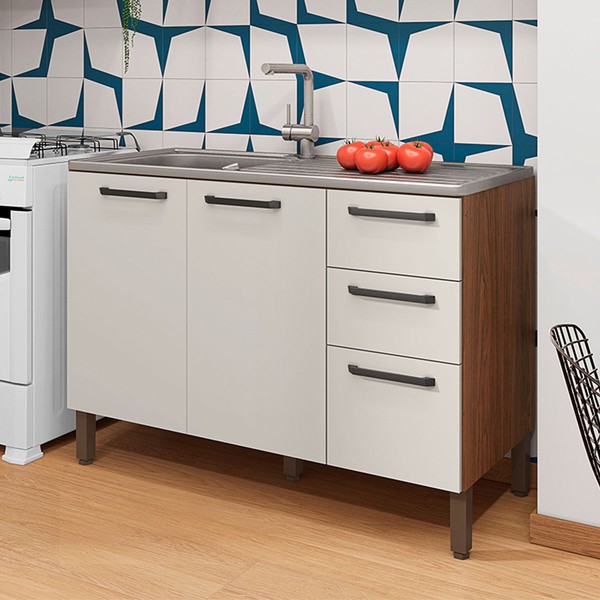 Balcão de Cozinha para Pia 120 Cm Mad Versalhes 3 Portas 2 Gavetas Nogueira/Off White - Kits Paraná