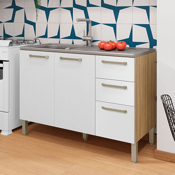 Balcão de Cozinha para Pia 120 Cm Mad Versalhes 3 Portas 2 Gavetas Freijó/Supremo - Kits Paraná