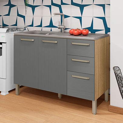 Balcão de Cozinha para Pia 120 Cm Mad Versalhes 3 Portas 2 Gavetas Freijó/Gris - Kits Paraná