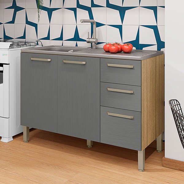 Balcão de Cozinha para Pia 120 Cm Mad Versalhes 3 Portas 2 Gavetas Freijó/Gris - Kits Paraná